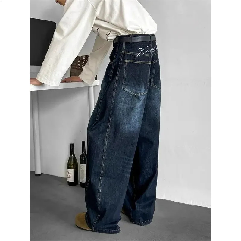 Casual Wide Leg Jeans Mens Spring Autumn American Retro Biker Patchwork Loose Long Trousers Youth Ular Straight Cut Jeans 250820
