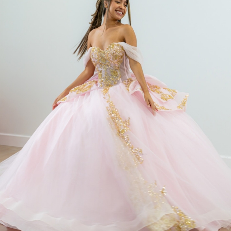Rose rose brillant princesse douce 16 robe quinceanera robes appliques dorées perles arc bow tull fête anniversaire vestidos 15 de anos