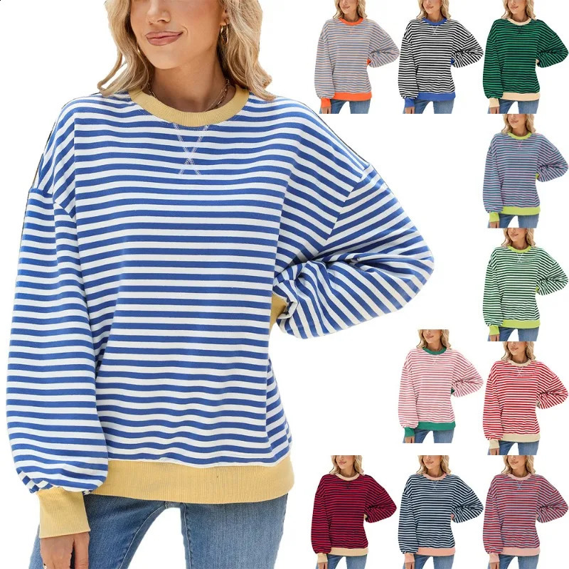 European and American Autumn and Winter Striped Round Neck Contrasting Loose Long Sleeved Sweatshirt Jacket for Women 250819
