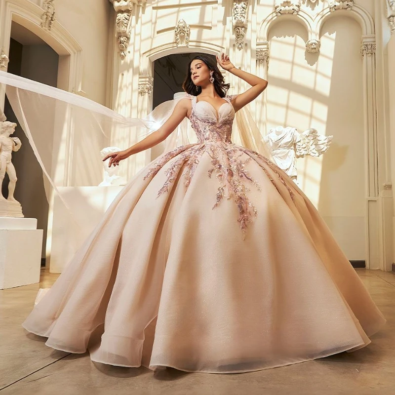 Champagne Robe de bal brillante de l'épaule de quinceanera robes en tulle applications perles en dentelle Tull avec cape sweet 16 vestide vestiai