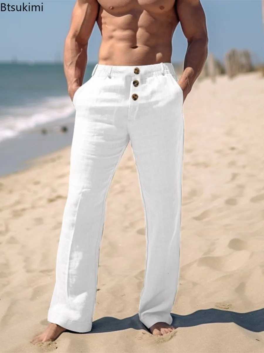 Beach Style Mens Solid Cotton Linen Casual Pants Summer New Loose Breathable Thin Trousers Daily Wear Men Retro Straight Pants XJ250821