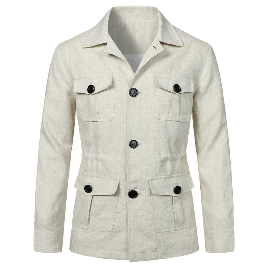 2023 New Spring Linen Jacket Men Multiple Pockets Cargo Jacket Male Fashion Casual Button Coat Plus Size 5XL W250821