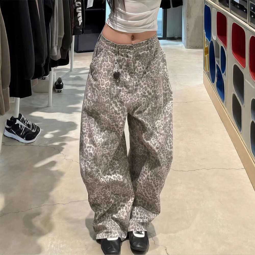 American Style Fashion Leopard Imprimé Straitement décontracté automne hiver lâche Sinage polyvalent long pantalon à la mode B5