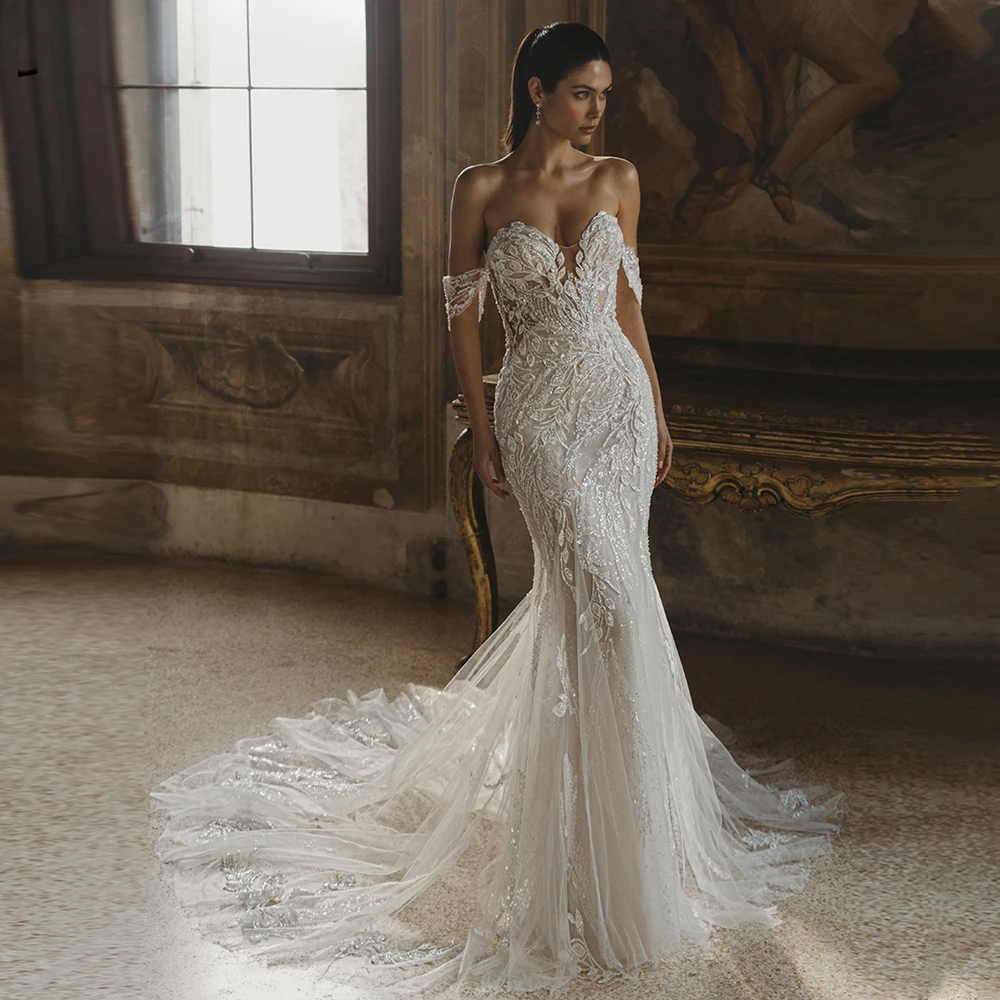 Mermaid Sheath Wedding Dresses for Bride Lace 3D-Floral Appliques Backless Off the Shoulder Court Train Custom Made Color/Size