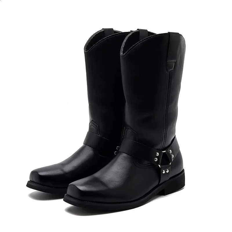 Bottes hautes en cuir vintage pour les hommes Confort Boots noirs Bottes Men Slip-On Western Cowboy Boots Men Grand Taille Botas de Cuero 250811
