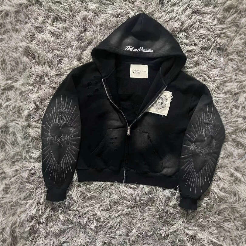American Style Trendy Zipper Cardigan Jacket Autumn Winter Dark Print Loose Sweatshirt Unisex B5