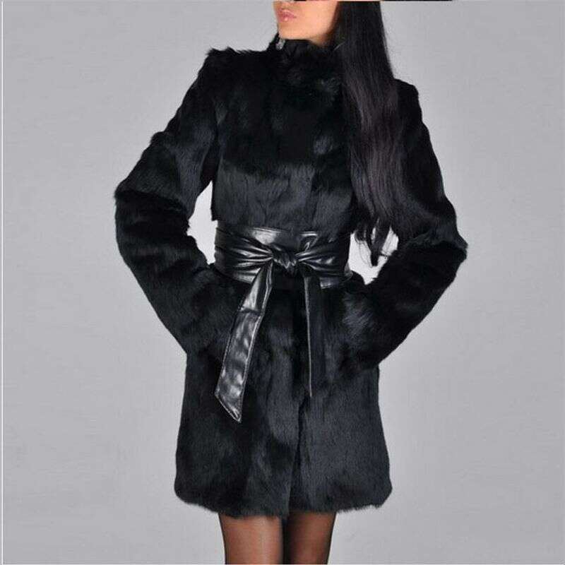 Women Fur Long Coat Vintage Sashes Turtleneck Solid Loose Ladies Warm Tops Fashion Long Sleeve Female Faux fur Clothes