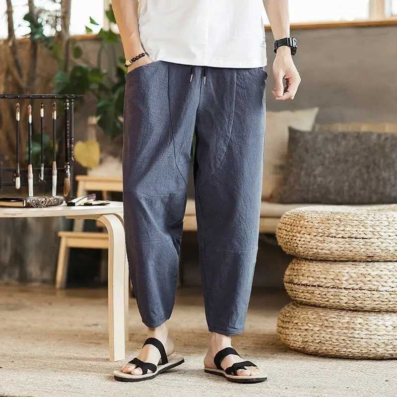 New Summer Cotton and Linen Loose Mens Casual Cropped Plus Trendy Youth Thin Versatile Wide-fitting Harem Pants XJ250821