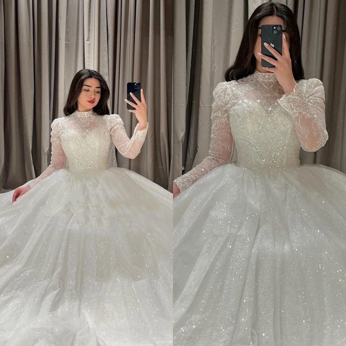Elegant Ball Gown Wedding Dresses High Neck Long Sleeves Bridal Gowns Sequins Sweep Train Princess Marriage Gowns Custom Made