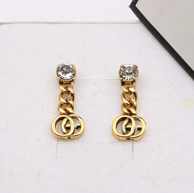 925 Silver Classic Retro earrings Chain Charm Geometry Pattern Stud Famous Women Crystal Rhinestone Pearl Earring Wedding Party Jewerlry gift