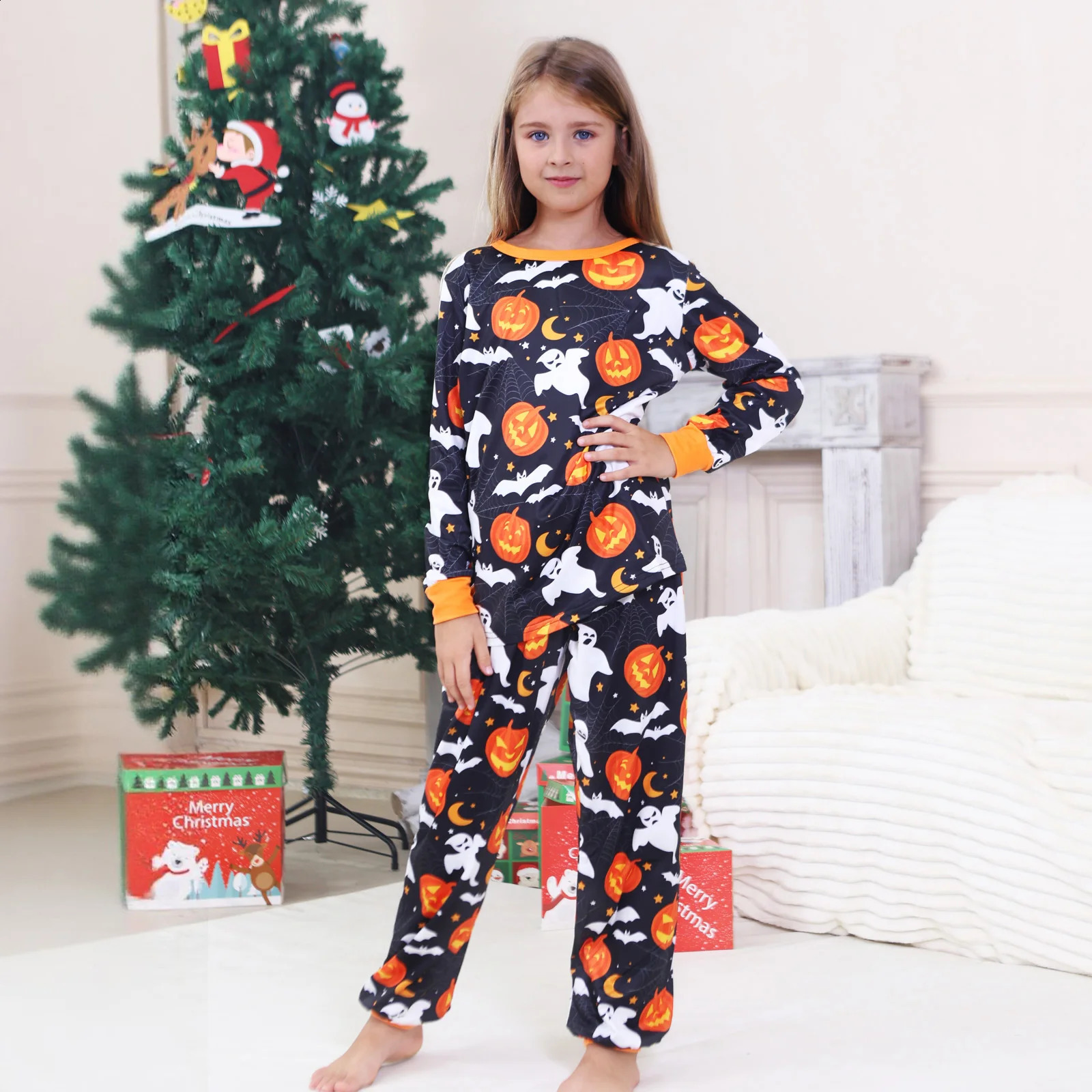 2025 Halloween Pyjamas pour gamin pour les enfants pour garçons filles Cartoon Imprimé o cou 2 pièces costume de vêtements pour enfants ensemble