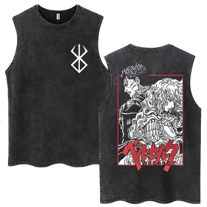 Anime Berserk Washed Tank Tops Fight Swordsman Guts Griffith Vintage Sleeveless T-shirts Men Women 100% Cotton Oversized T-shirt X250821