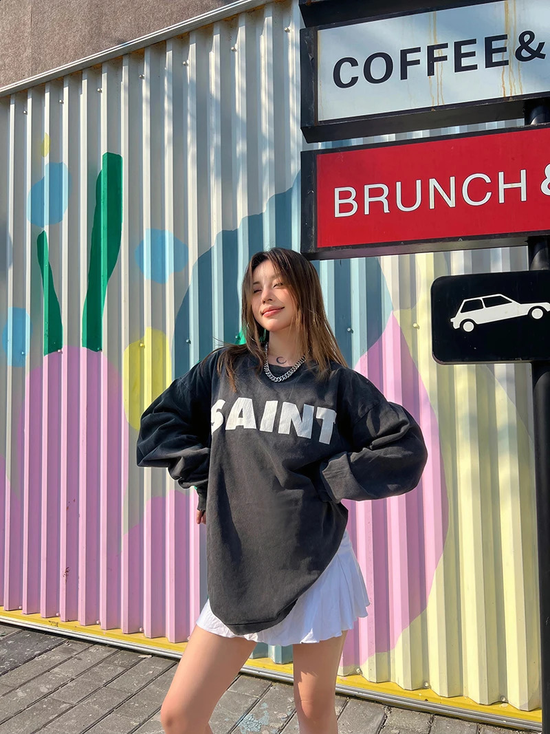 SAINT XXX STB Street Fashion Washed Distressed Letter Print American Style Vintage Casual Men Women Long Sleeve T-shirt 250818