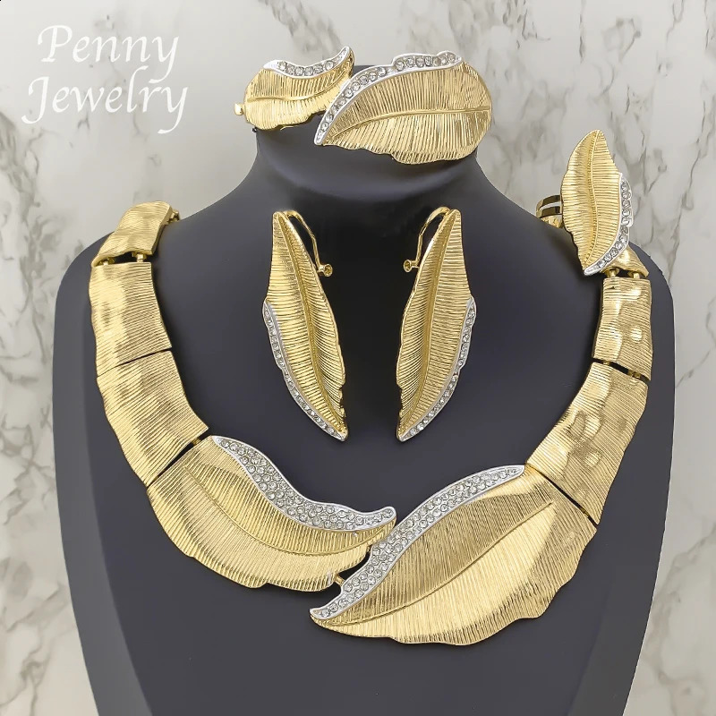 Rimestone Feuille en forme de bijoux plaqué or Collier de tour de cou collier de boucles d'oreilles Bracelet Bracelet Africain Bridal Wedding Par