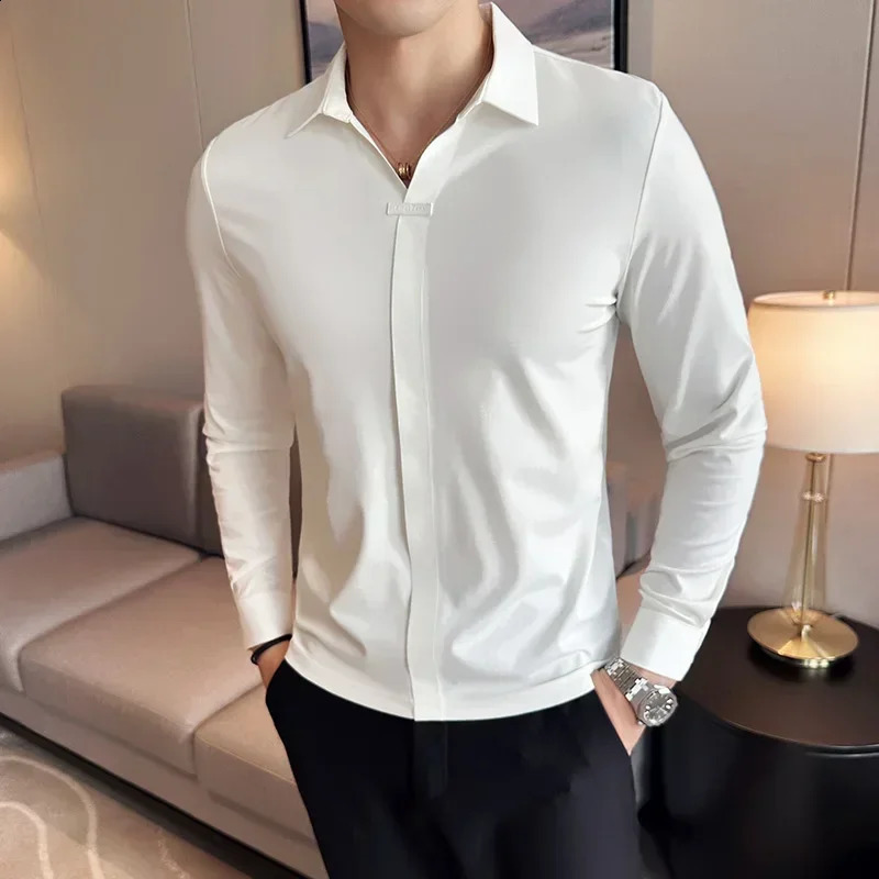 High Elastic Slim Fit T-shirt for Mens 2025 Autumn Ice Silk Seamless Long Sleeve Solid Casual V-neck Polo Shirt Men Clothing250820