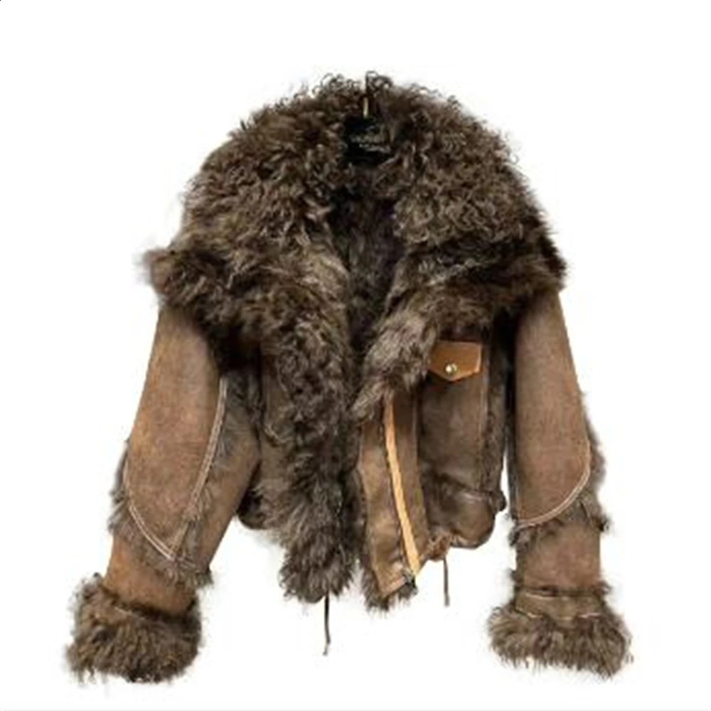 Winter Lambswool Turn Down Collar Velvet Inner Sleeve Furry Faux Leather Integrated Cotton Streetwear PU Parkas Long Sleeve Tops 250820