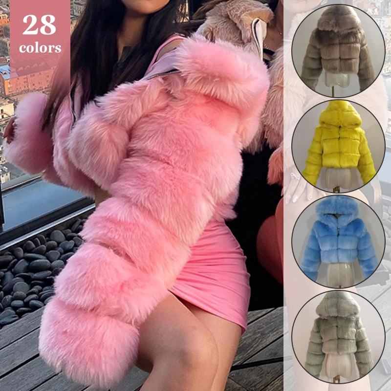 High Quality Furry Cropped Faux Fur Coats Womens Streetwear Jackets Fluffy Top Coat with Hooded Winter Fur Jacket Manteau Femme 250818