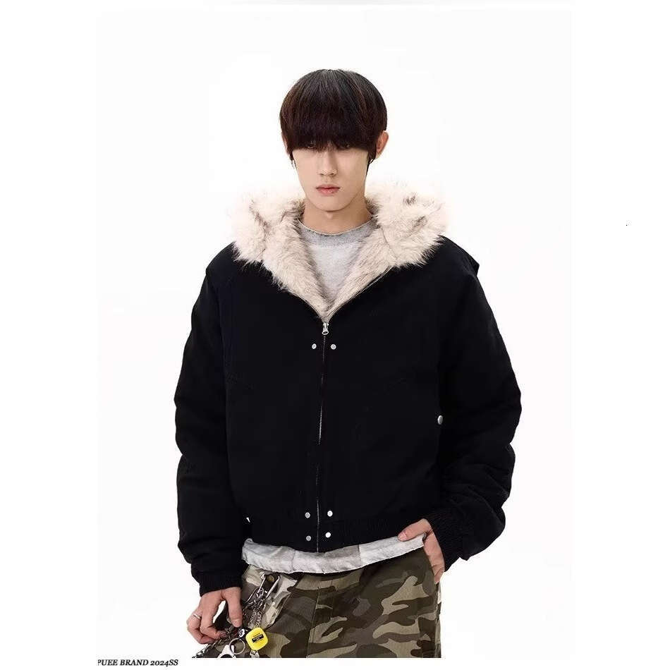 New Style Mountain Eagle Fur Collar Jacket Oversized Short Hooded Cotton Coat Trendy B5