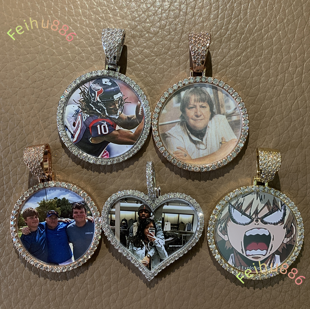 Top Quality Edge Moissanite Paved Bling Brass Round Shape Custom Photo Pendant Necklace Custom Picture Memory Gift Necklace