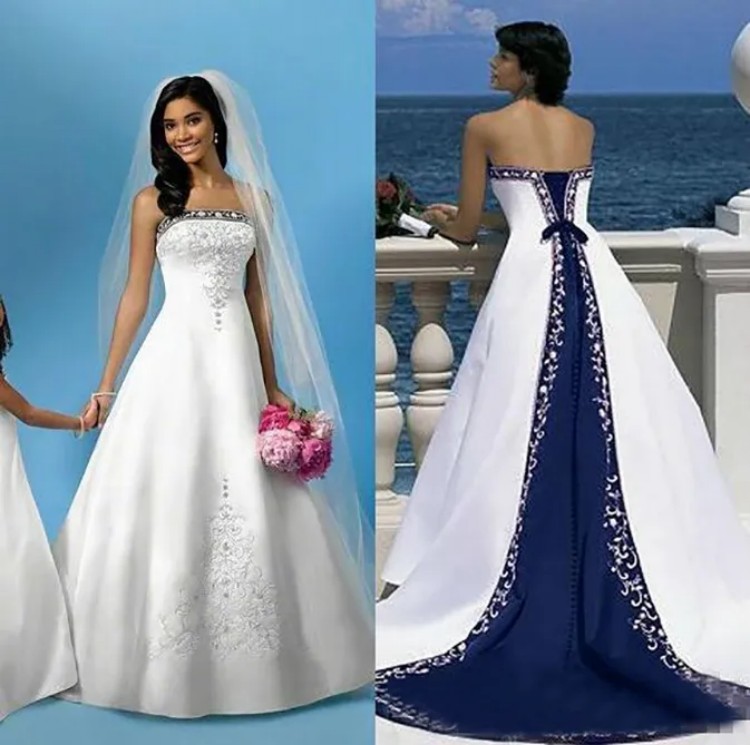 Hot White And Blue Satin Beach Wedding Dresses Strapless Embroidery Chapel Train Corset Custom Made Bridal Wedding Gowns For Church