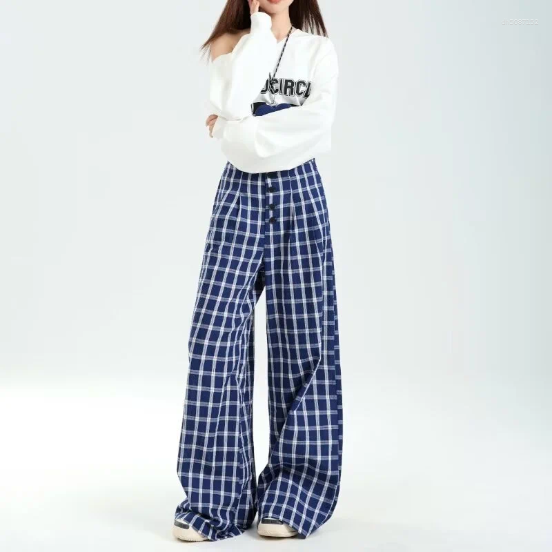 Pantalon féminin rétro à carreaux à carreaux décontractés à la jambe large femme automne hiver lâche bouton bout à pantalon de longueur de sol fl