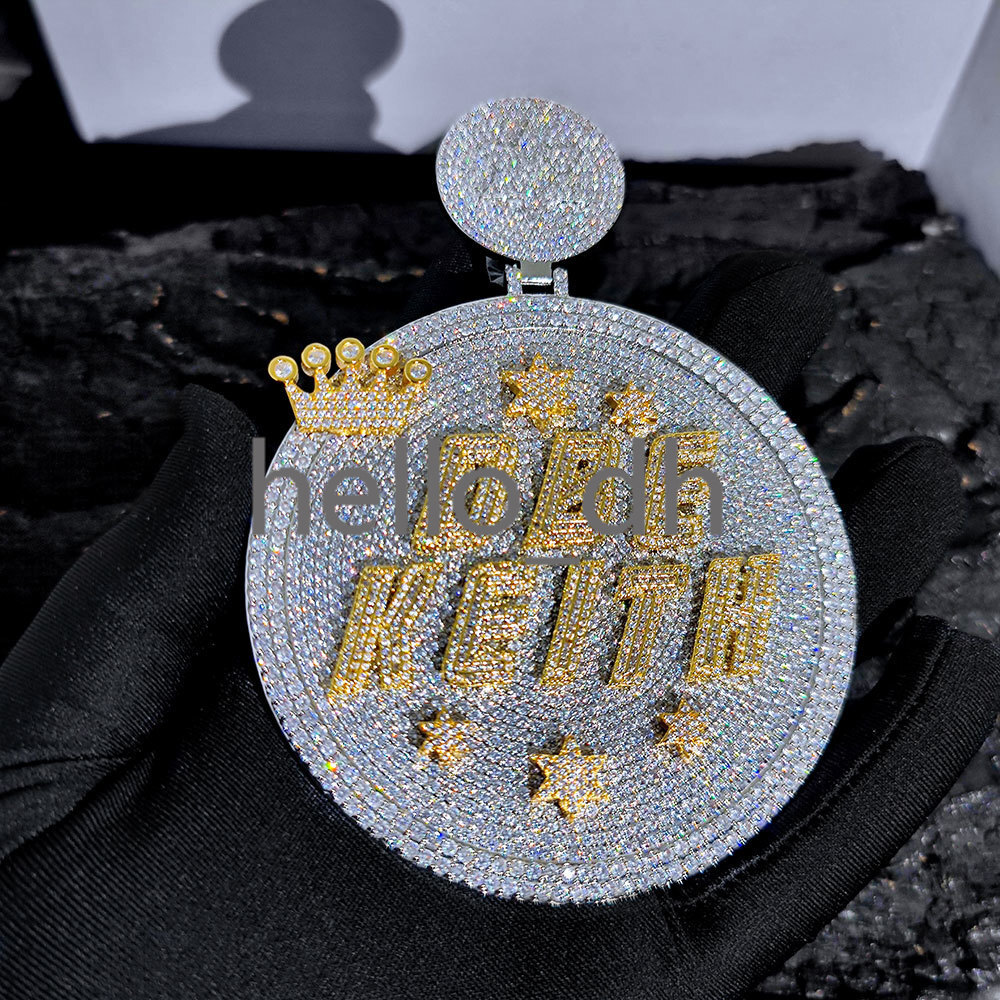 Hip Hop Custom Made Iced Out Name Pendant Full Diamond Gold Silver Big Size Round Shaped Letter Pendant Custom Jewelry