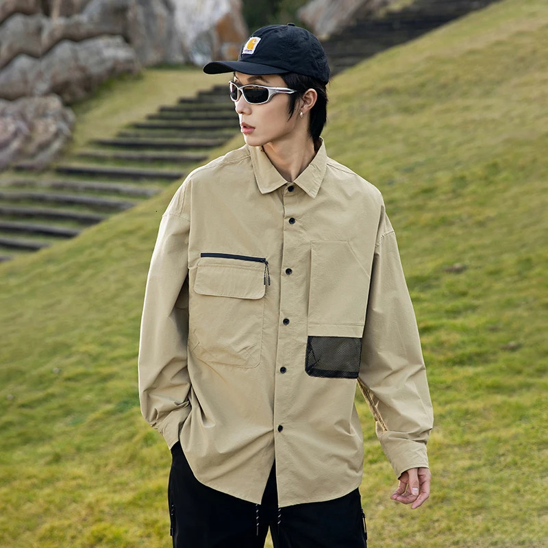 Men Outdoor Quick Dry Loose Casual Long Sleeve Splice Sportwear Track Techwear Cargo Shirt Streetwear Oversize 250808