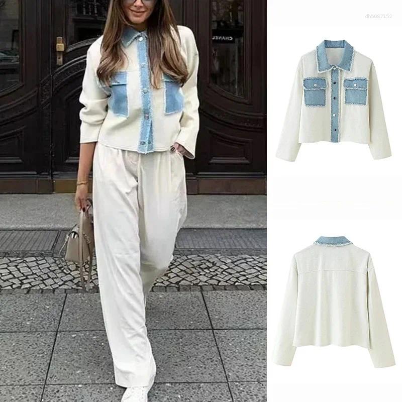 Women's Jackets Denim Splices Jacket Women Single Breasted Long Sleeve Pockets Knitted Coat