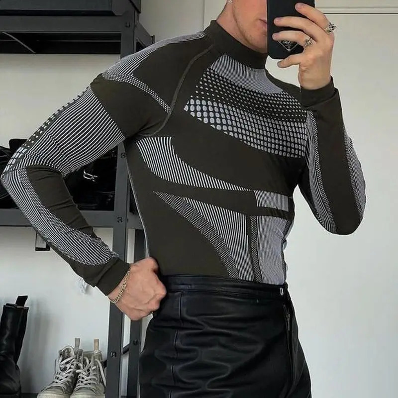 Arrivals Mens TShirts Fashion Pattern Print Long Sleeve Turtleneck Tee Shirt Autumn Trend Men Slim Fit Tops Streetwear 250820