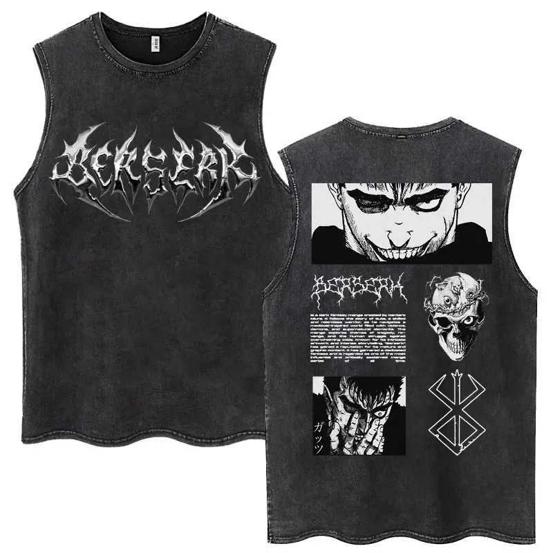 Anime Berserk Guts Griffith Washed Tank Tops Men Women Vintage Harajuku High Quality T-Shirt Oversized Cotton Sleeveless T-shirt X250821