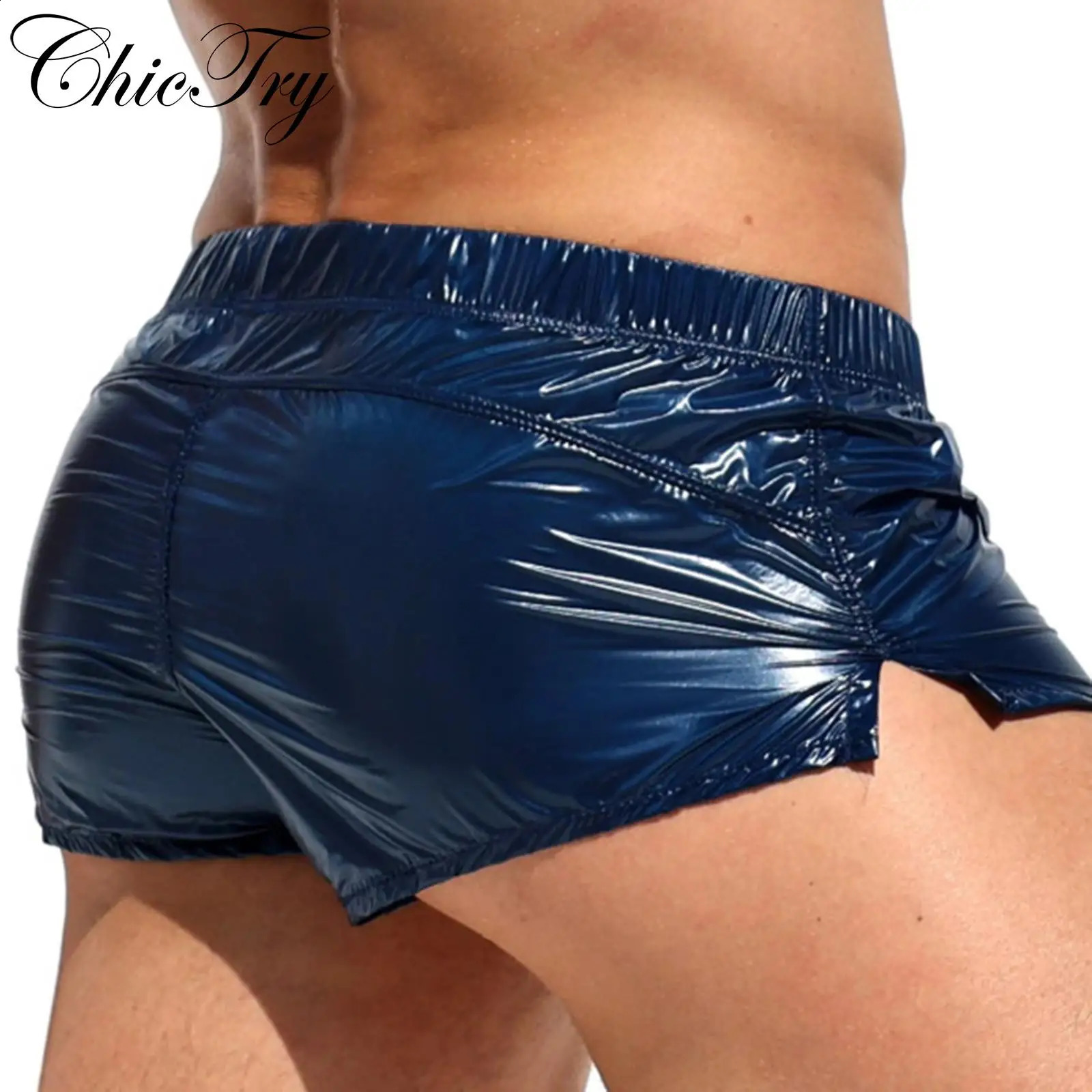 Mens Swim Boxer Sides Slit Solid Color Slim Fit Glossy Swimming Trunks Shorts Vacation Beachwear Pool Party Nightclub Costumes250820