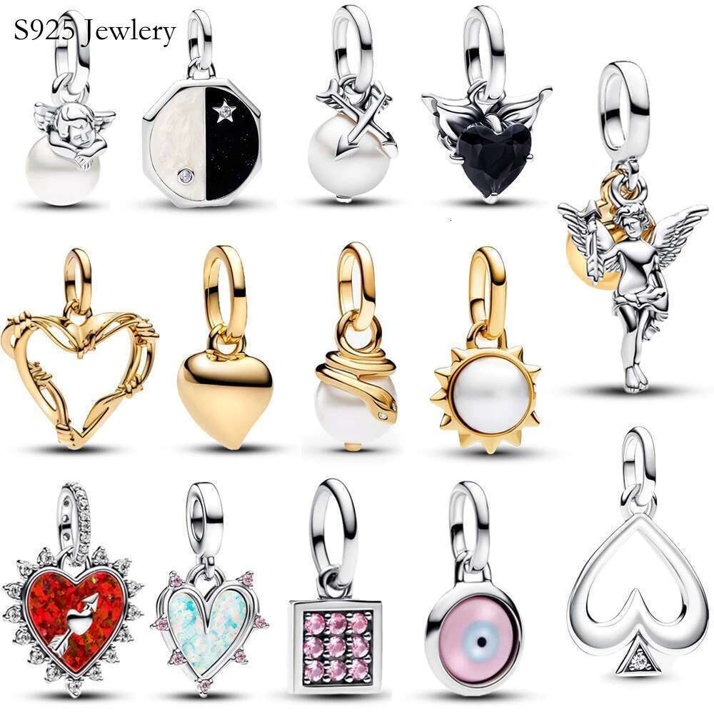 925 925 Classic Gold Heart Sparking Sterling Silver Pearl Angel Dangle Charm For DIY Women Bracelet Pendant Accessories
