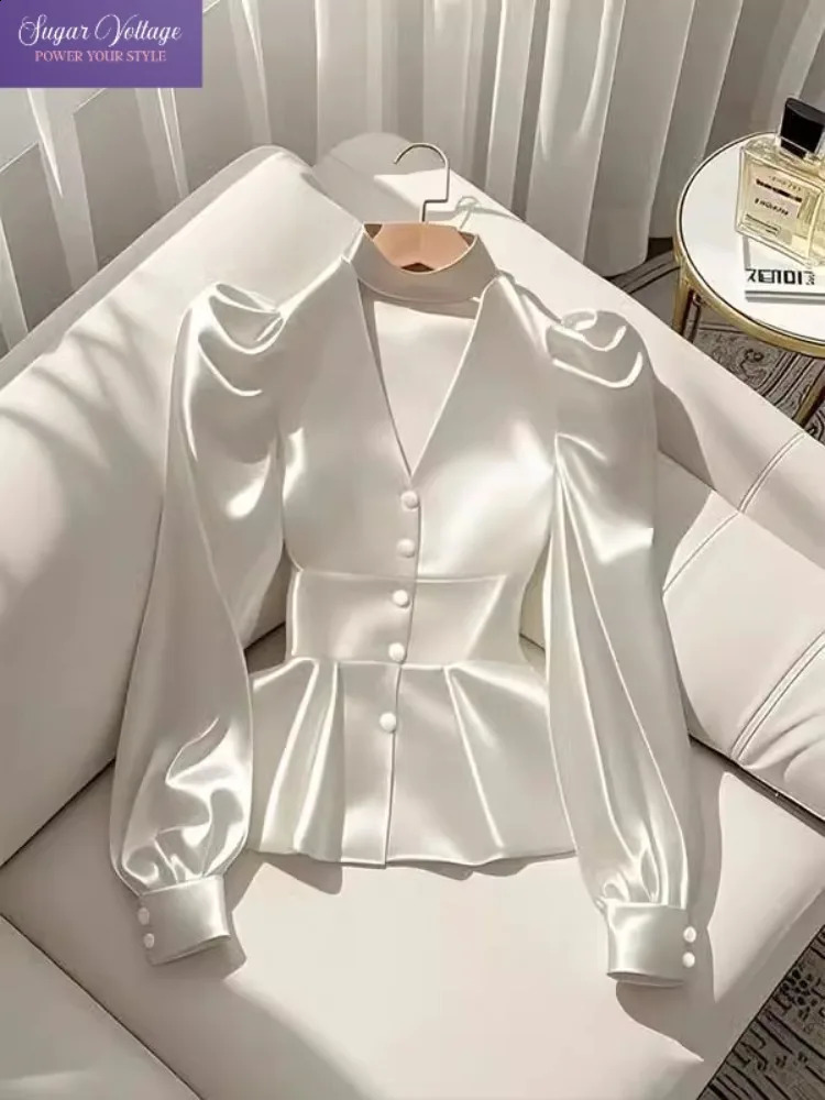 French Elegant Womens Shirt Waist Cinched White Satin Long Sleeve Shirt for Women Temperament Womens Elegant Blouses250820