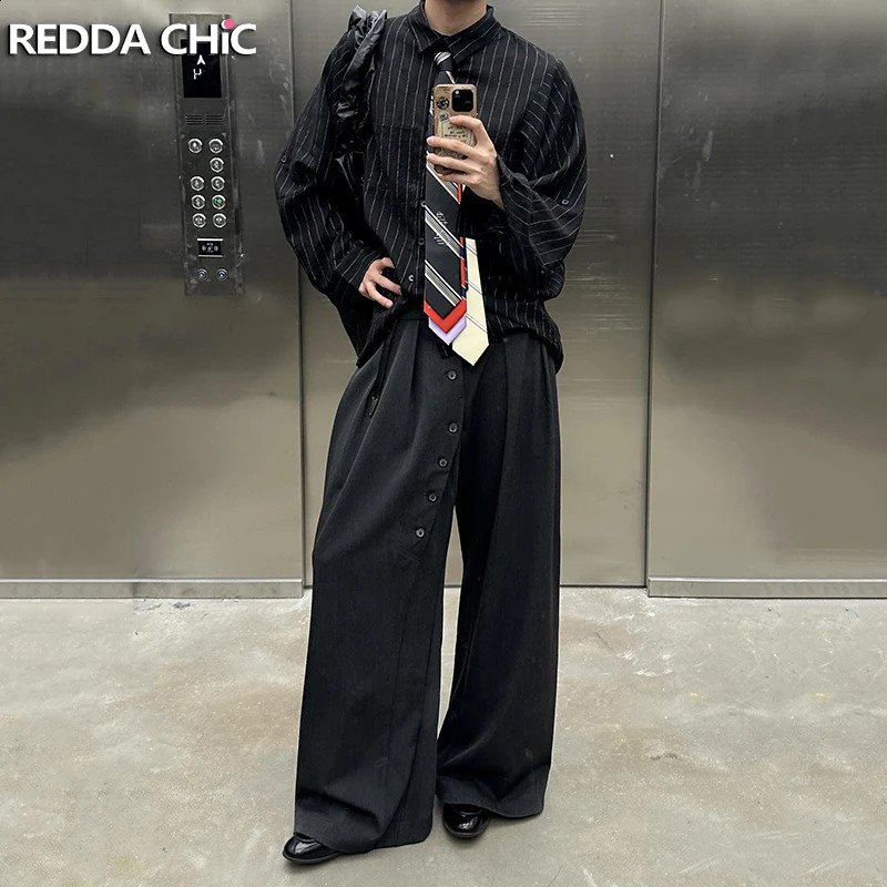 REDDACHiC Men Buttoned Pleated Front Suit Trousers Cleanfit Black Elastic Waist Wide Leg Dress Pants Office Work Casual Clothes 250821