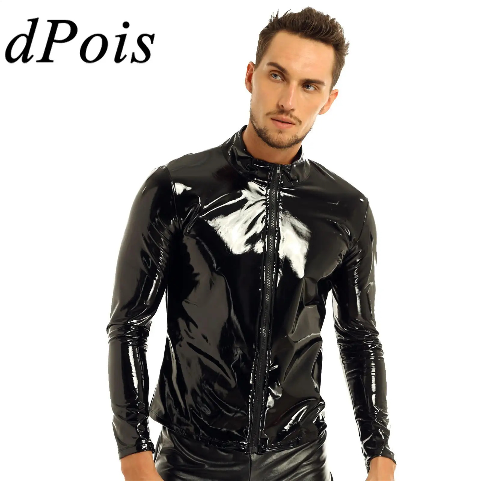 Men Wet Look Patent Leather Coat Long Sleeve FrontZip Shiny Metallic Tops Fashion Mans Jackets Moto Biker Nightclub Clubwear 250815