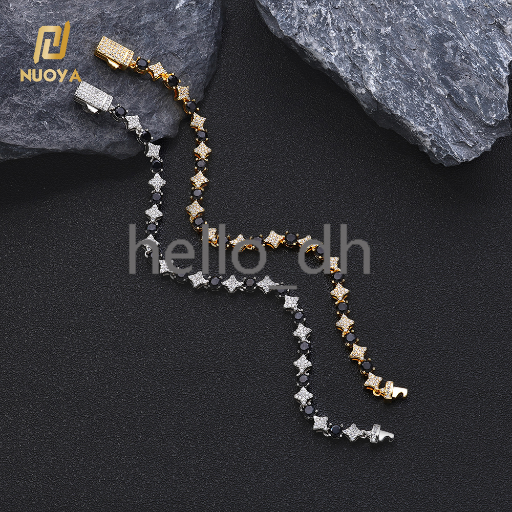 High Quality Star Shape Tennis Chain with Black moissanite Stone 6mm Silver Plated Tennis Bracelet Hip Hop Jewelry for Women/Men