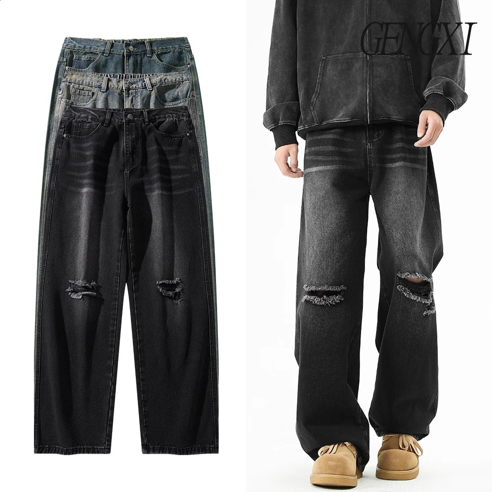 Mens high street ripped jeans vintage washed distressed midrise straight leg casual trousers Korean style wide 250820