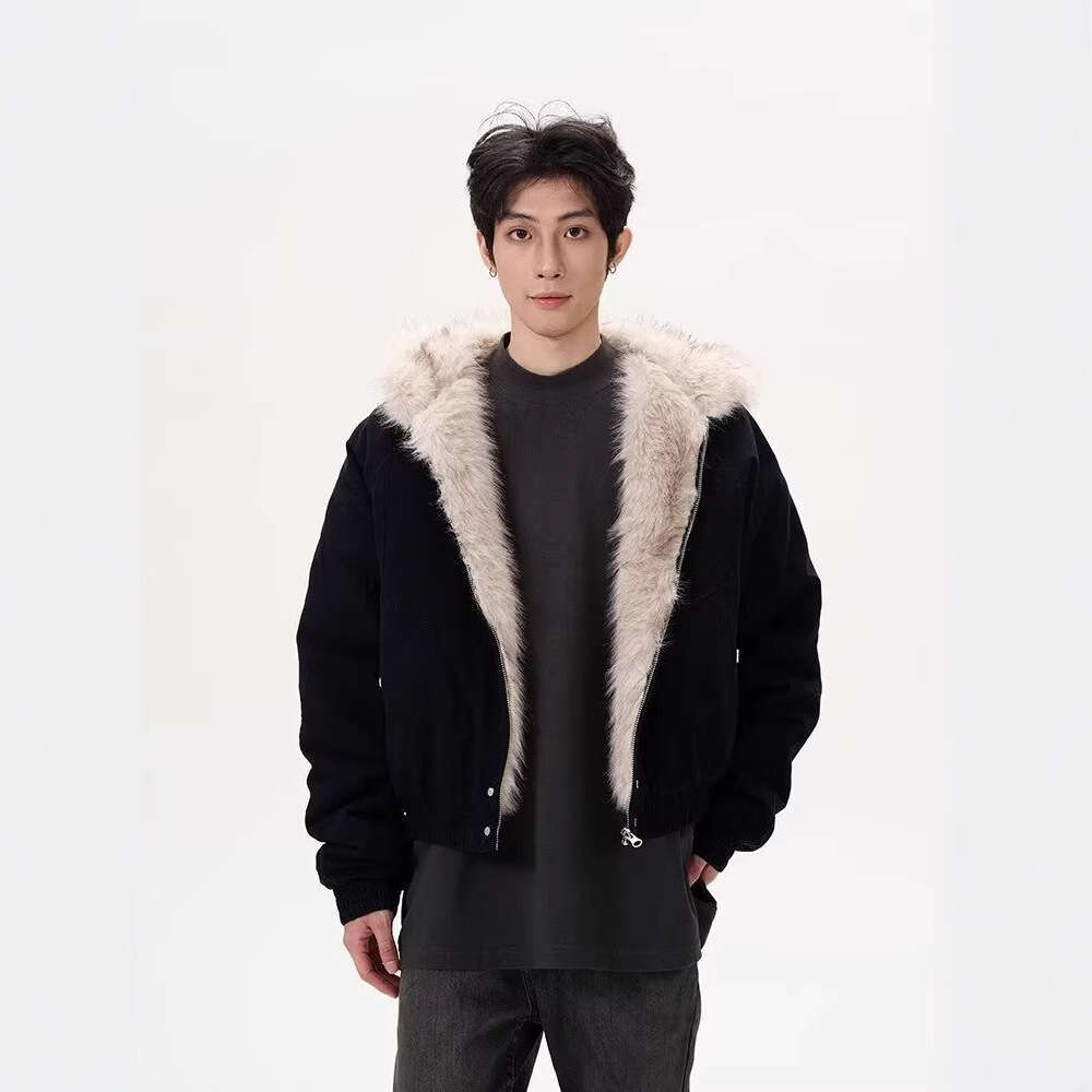 American Style Fur Collar Hooded Jacket For Men Winter Thickened Trendy Brand Design Cool Loose Short Cotton Coat B5