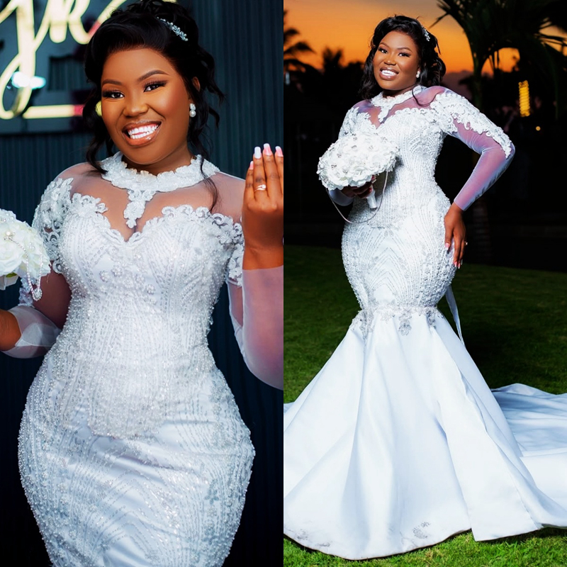 Plus Size Aso Ebi White African Wedding Dress Bridal Gown For Bride Mermaid Wedding Gowns High Neck Long Sleeves Tiers Beaded Lace Rhinestones Brida