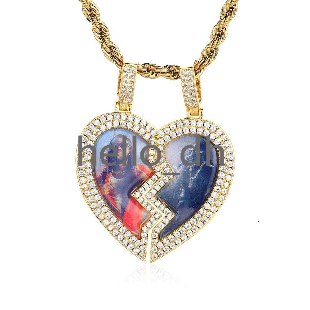 Hip Hop Fine Jewelry Iced Out Broken Heart Charm Photo Necklace White Gold Plated Custom Memory Photo Frame Pendant