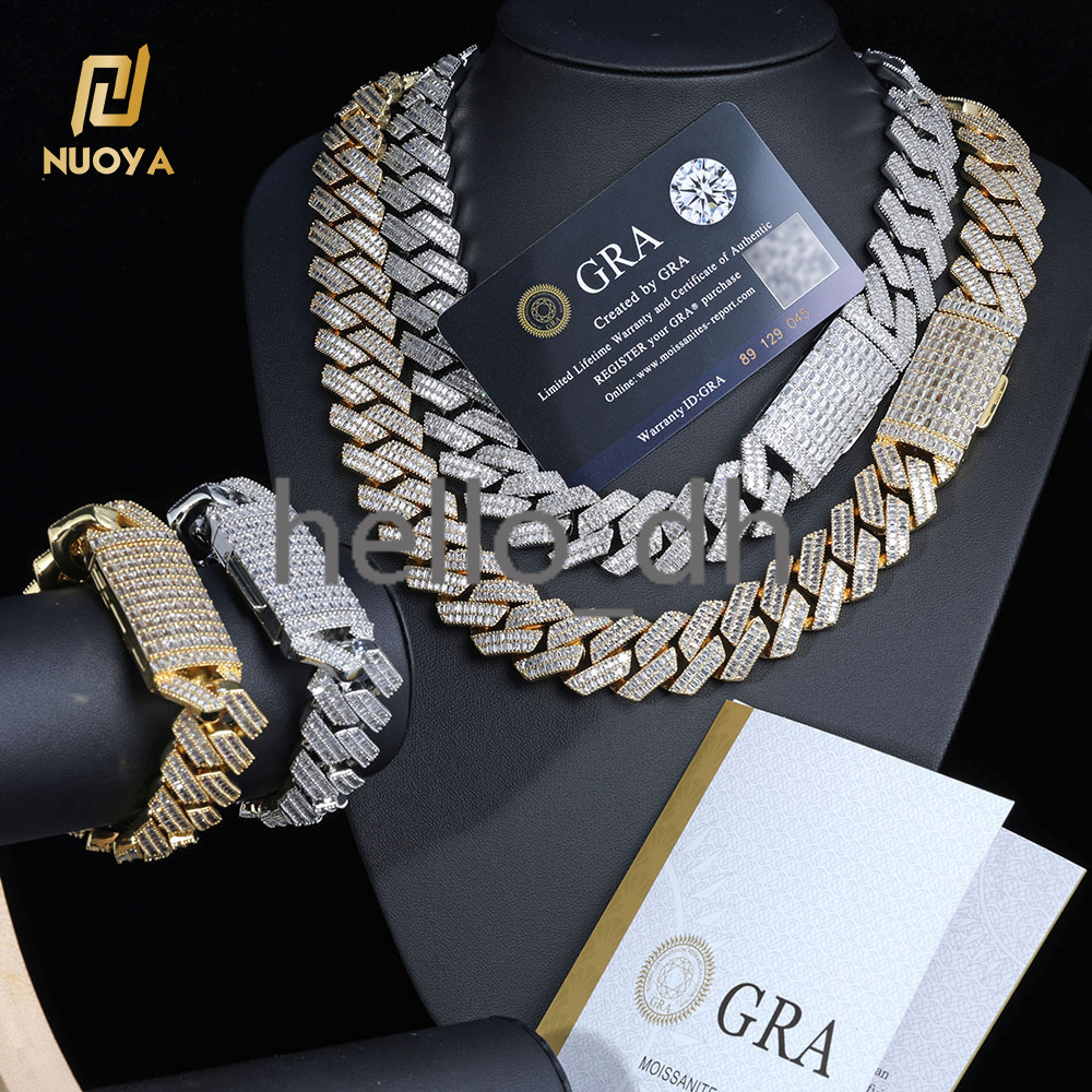 Fine Jewelry 20mm 925 Sterling Silver Chunky Cuban Link Chain Pass Diamond Test Baguette VVS Moissanite Necklace Women