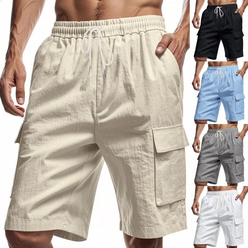 Summer mens comfortable cotton and linen shorts fashionable multipocket sport quarterlength pants casual beach 250813