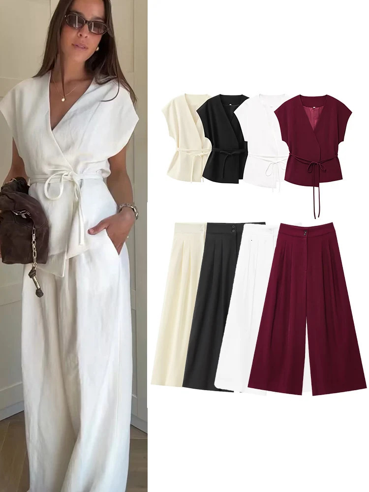 TFMLN Fashion Womens Trouser Suits Sleeveless V-Neck Top With Belt Straight Pants Sets 2025 Spring Summer 2 Piece Set 250818