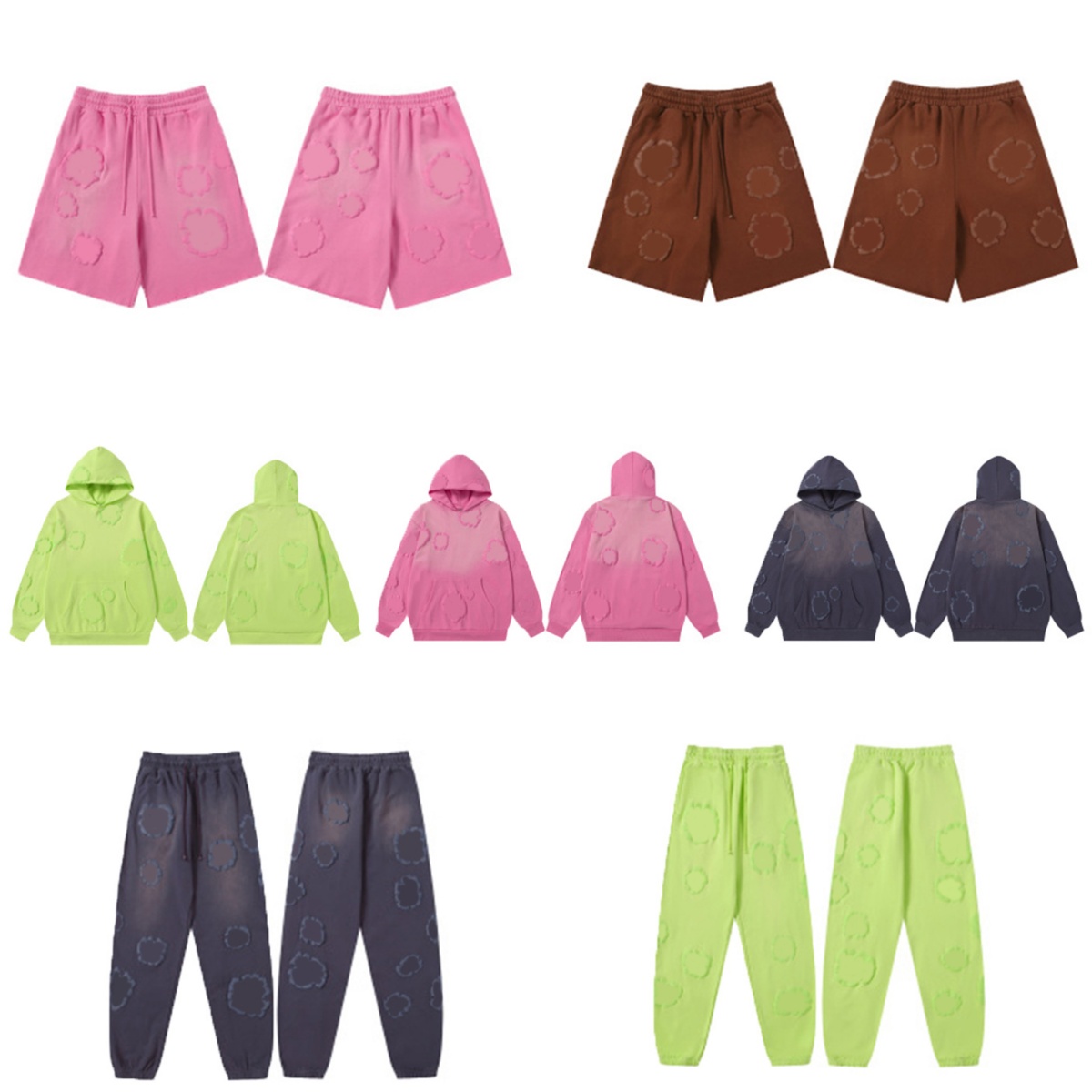 Designer Hooded Sweatshirt Men's Set Trendy High Street Gradient Mud Dyeing Kapok Flower Foam Print Hooded Sweatshirt Sweatpants Shorts Set Uni