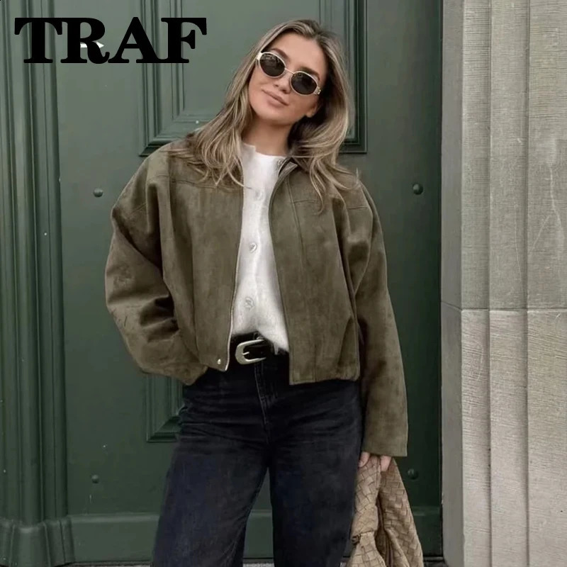 TRAF Women Green Suede Jacket 2025 Spring Fashion Long Sleeve Zipper Oversize Bomber Coat Chic Female High Street Outerwear 250815