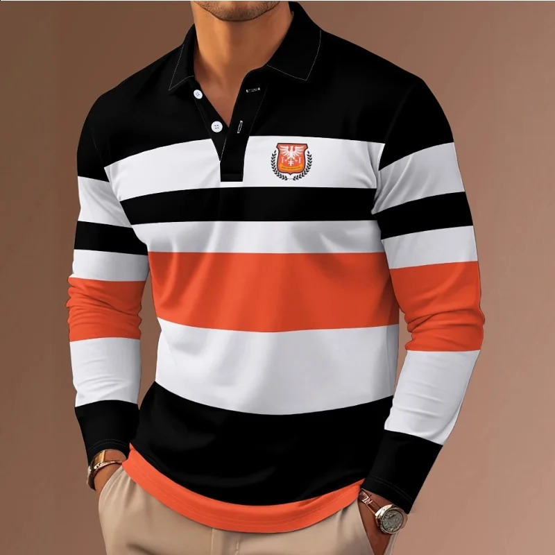 Classic Stripe Printed Mens Long Sleeve Polo Shirts Autumn Casual Comfortable Fit Button Tops Street Man Pullover 250820