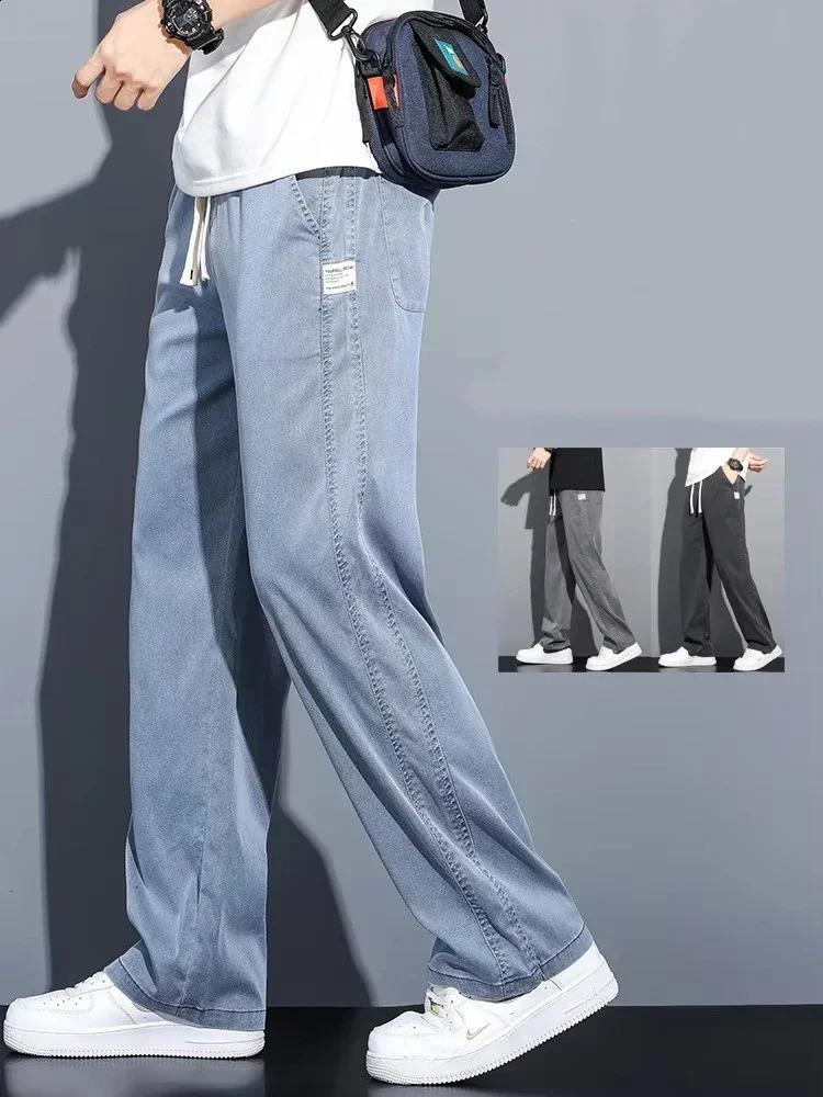 Summer Soft Lyocell Fabric Mens Jeans Thin Loose Straight Pants Drawstring Elastic Waist Korea Casual Trousers 250820