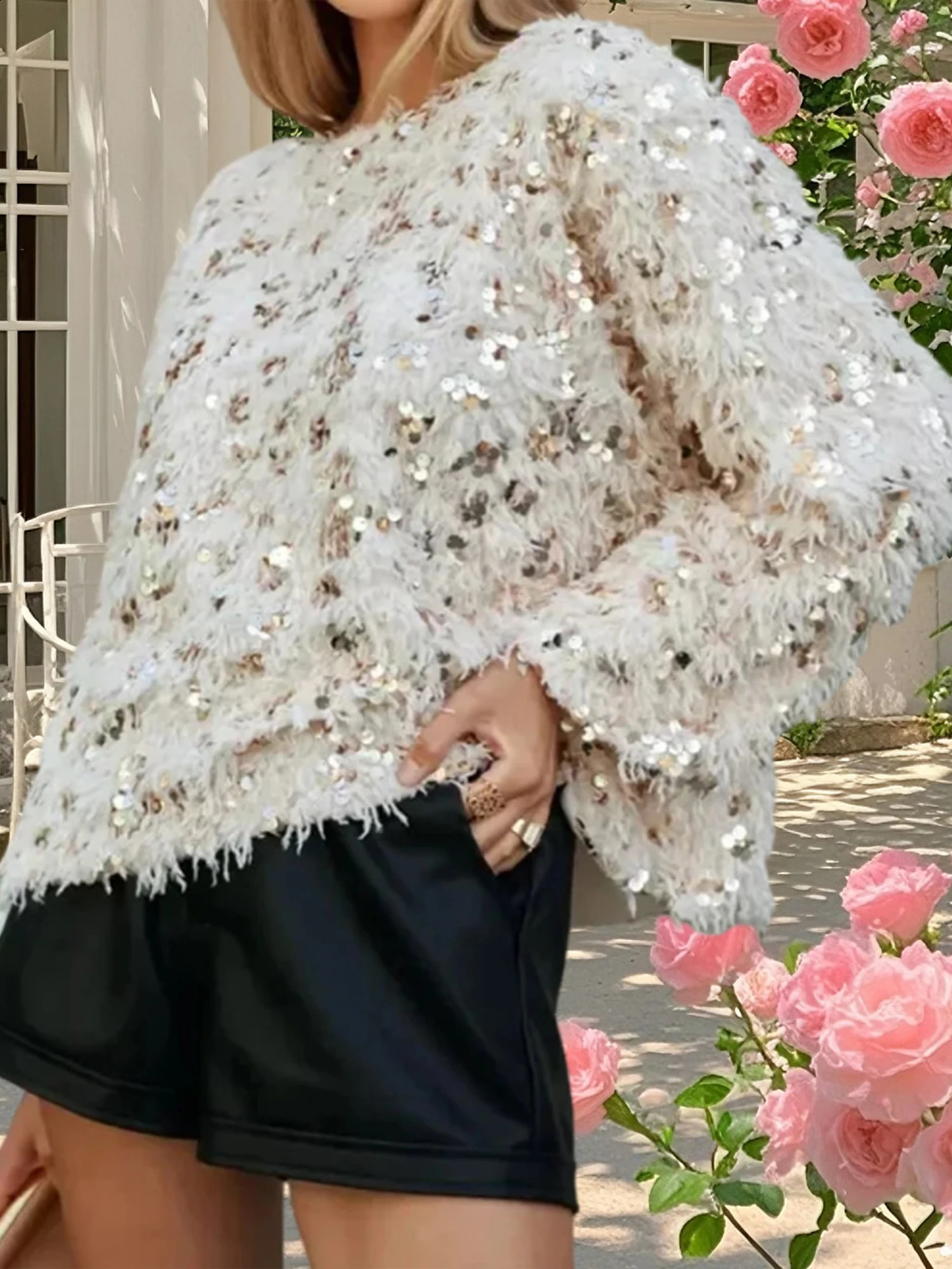 Women s Sparkly Sequin Sweater with Feather Tassel Detailing Cozy Crew Neck Long Sleeve Pullover for Stylish Winter and Fall 250819