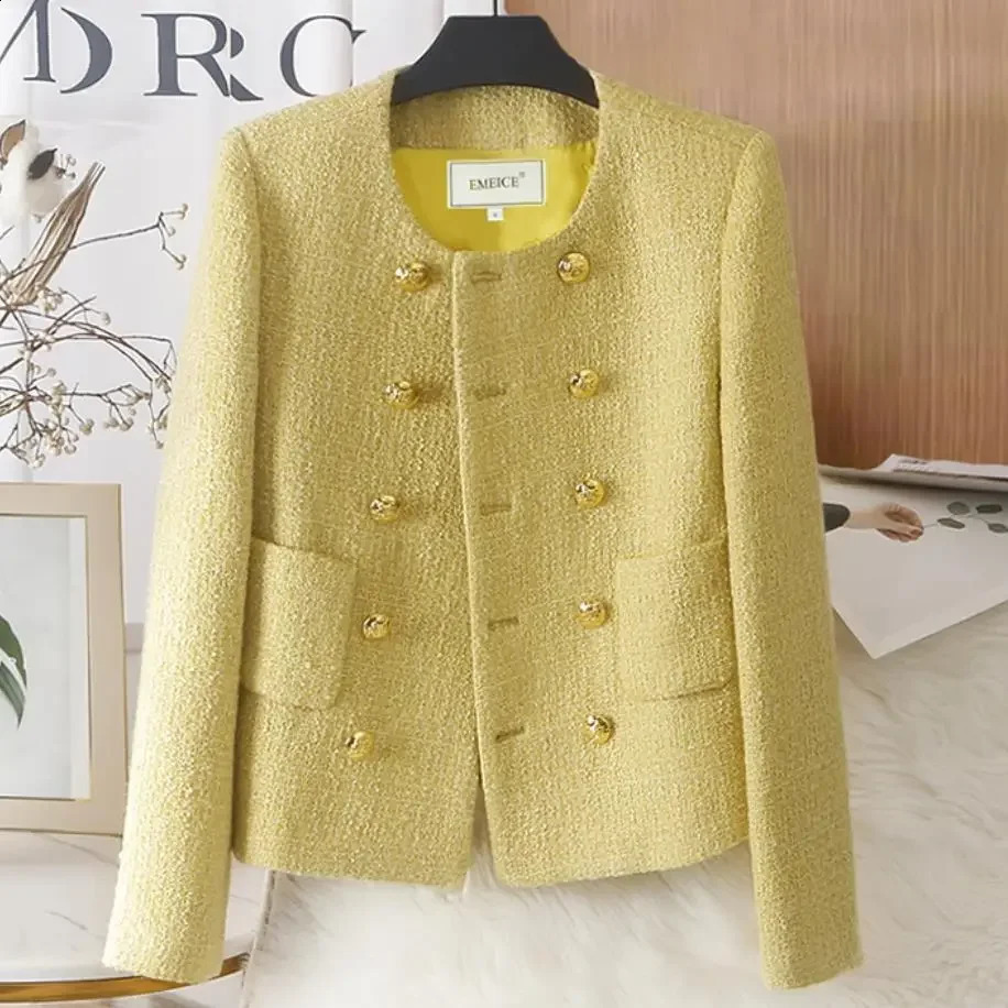 Elegant Short French Style Yellow Woolen Coat Womens Spring Autumn High-End Feel Style Suit Top Trendy Model 250821