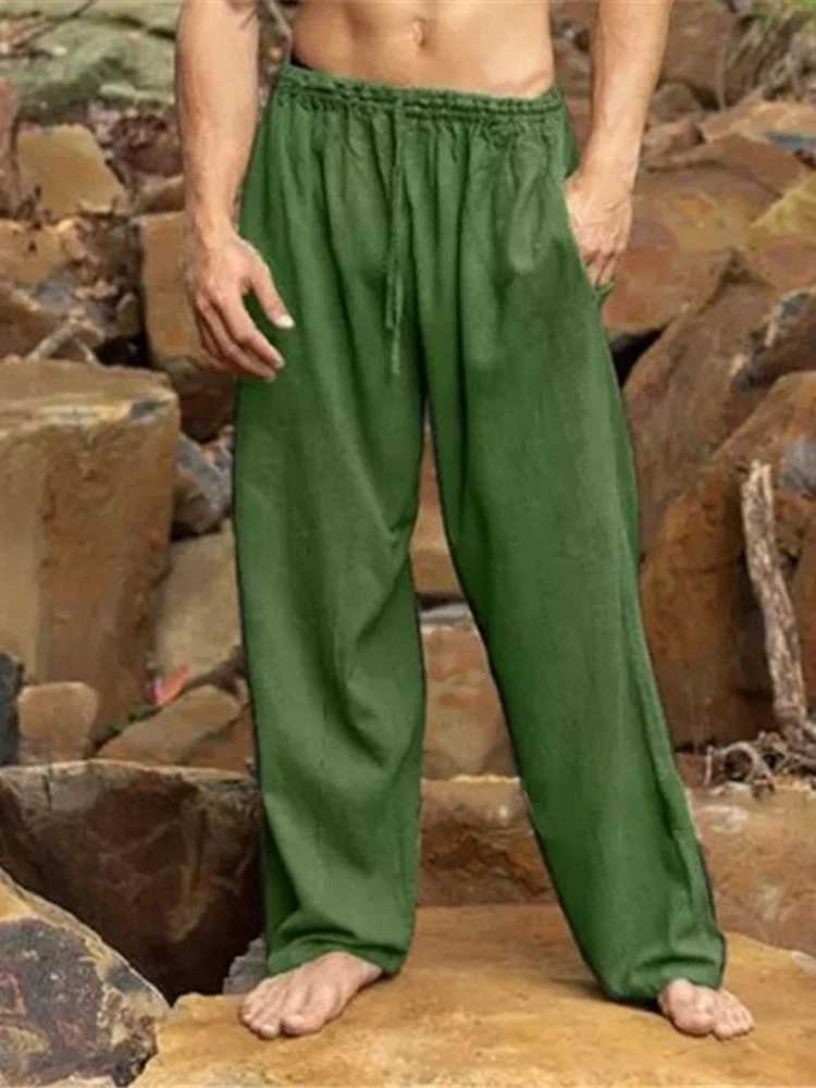 Mens Loose-Fit Green Linen Drawstring Pants 2025 Summer Trousers 6XL XJ250821